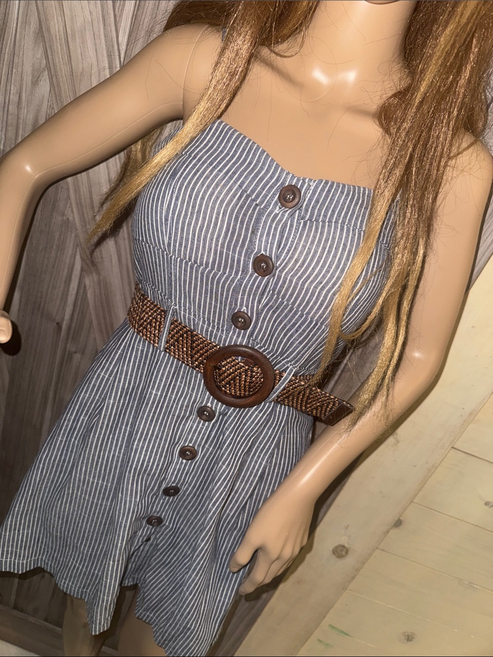 Striped Button-Front Strapless Dress with Brown Woven Belt